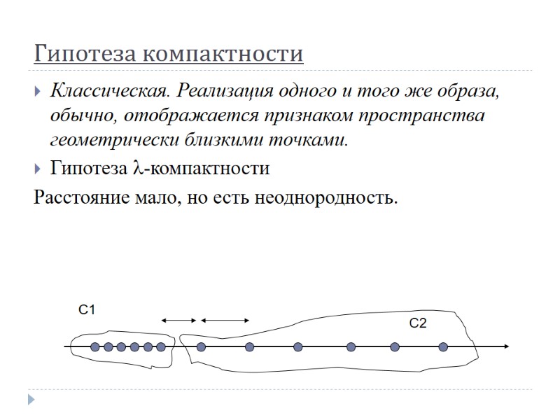 Гипотеза компактности Классическая. Реализация одного и того же образа, обычно, отображается признаком пространства геометрически